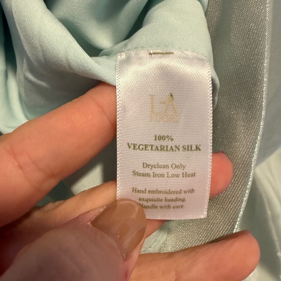 NWT La Fuori Green Sea foam Ruffle Halter Gown Formal Dress 100% silk size large - Picture 4 of 6